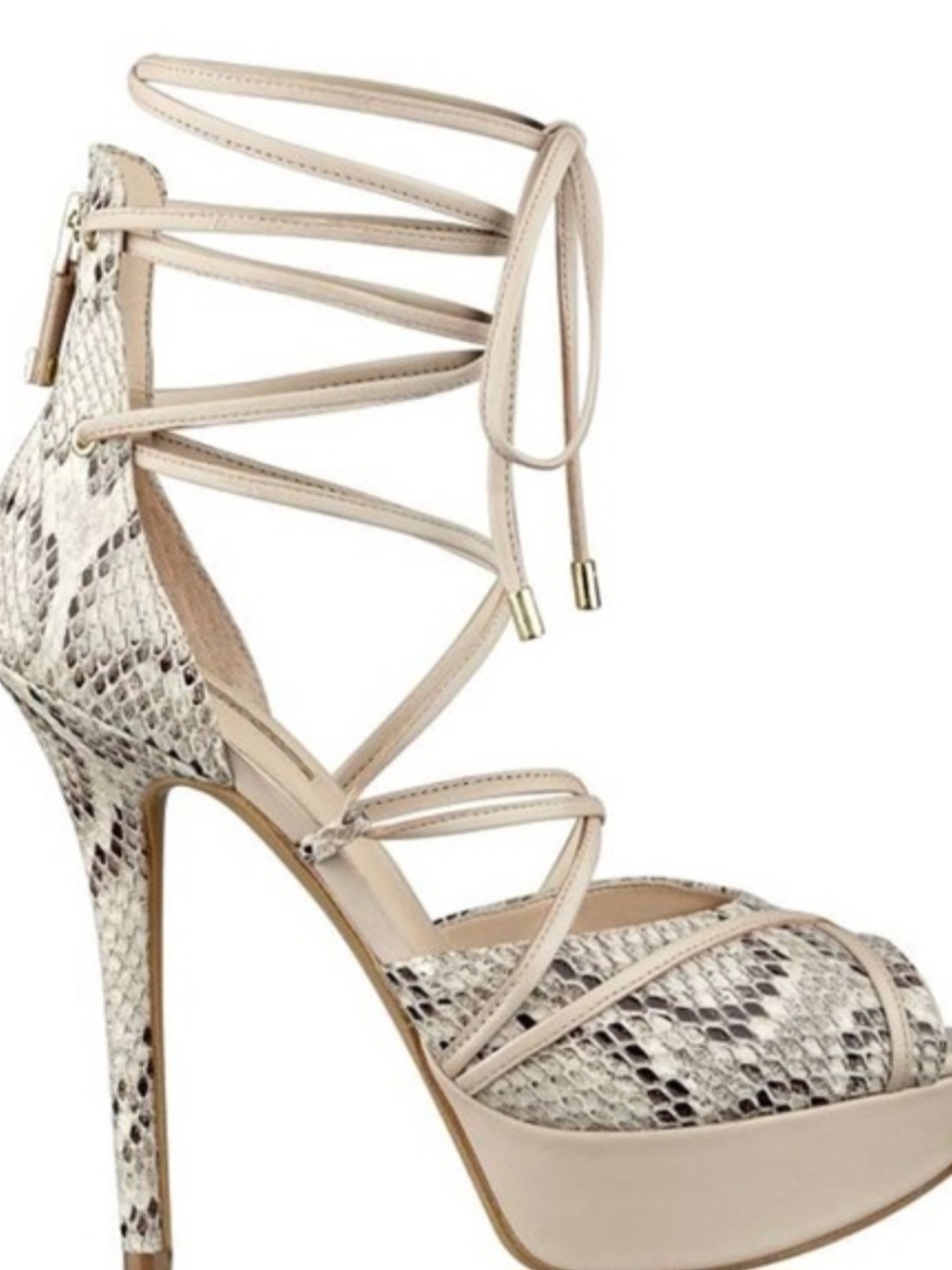 Guess Beige Snake-Print Lace-Up Platform Heel